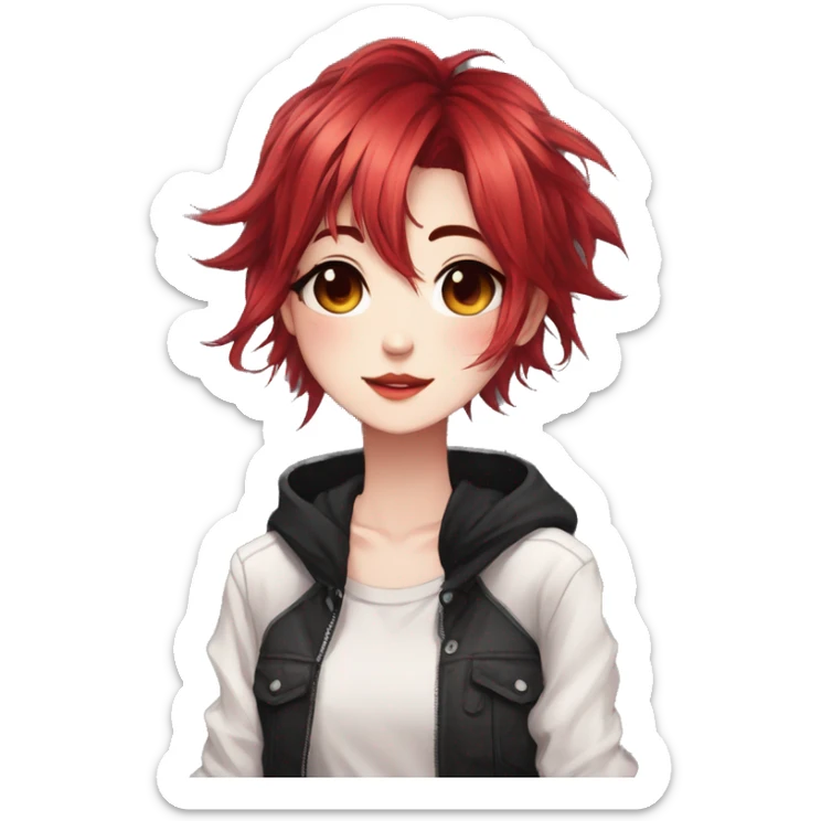 Gorgeous anime style tomboy with blushing face aesthetic and pretty edgy black red punk hair with hair garment trending style sticker