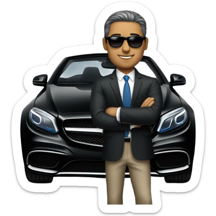 Latino Businessman with sunglasses standing in front of black Mercedes convertible sticker