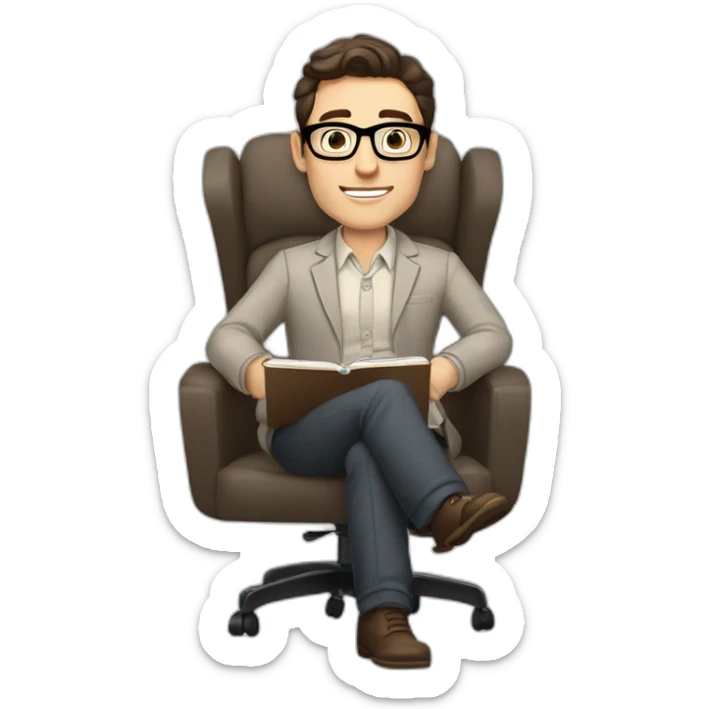 Pale skinned Fit Man With dark brown hair in gray jacket, beige office shirt and vintage glasses sitting In a soft chair with a notebook with emblem Ψ and a pen in his hands sticker