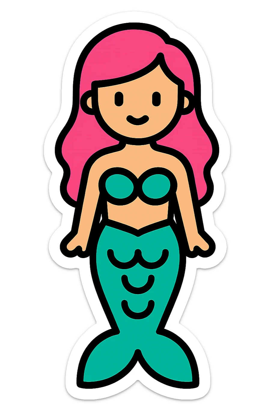 full length mermaid with pink hair, blue eyes, turquoise green tail, minimal detail, lineal color icon style sticker