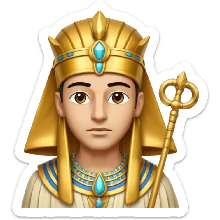 A regal pharaoh with golden headdress, calm stern eyes, and holding a crook and flail with authority.
 sticker