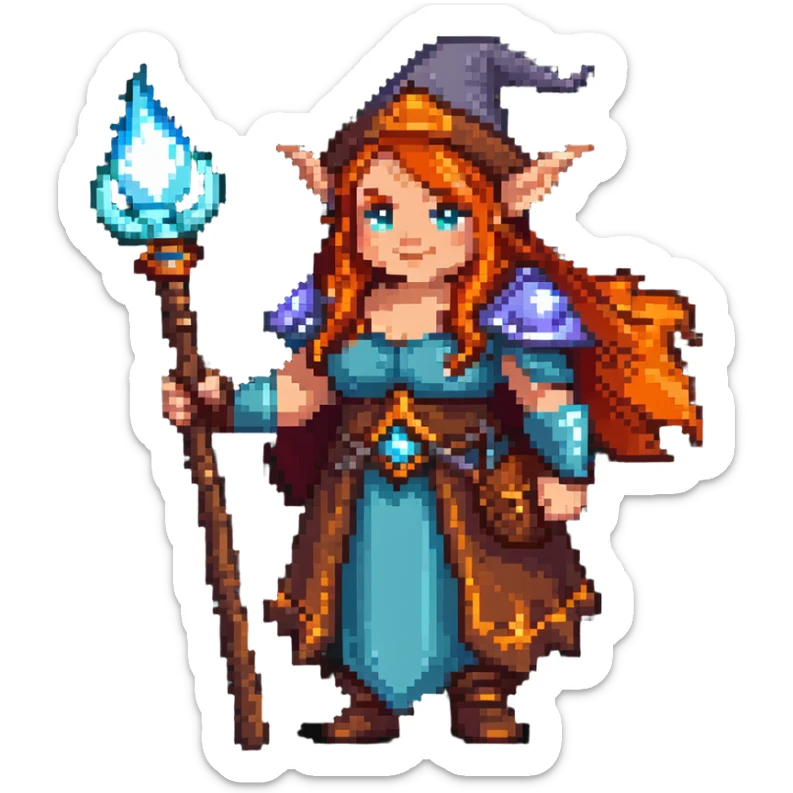 female dwarf sorcerer from DnD, fantasy outfit, holding a magical staff sticker