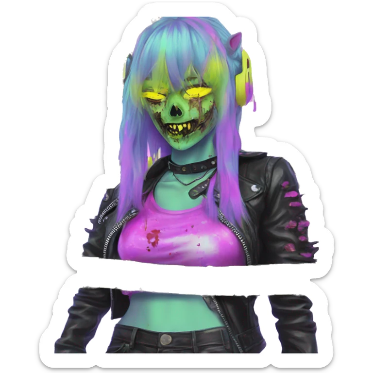 .Zombie_ wearing punk clothes Vaporwave black holographic oilslick zombie unicorn yellow caution tape sticker