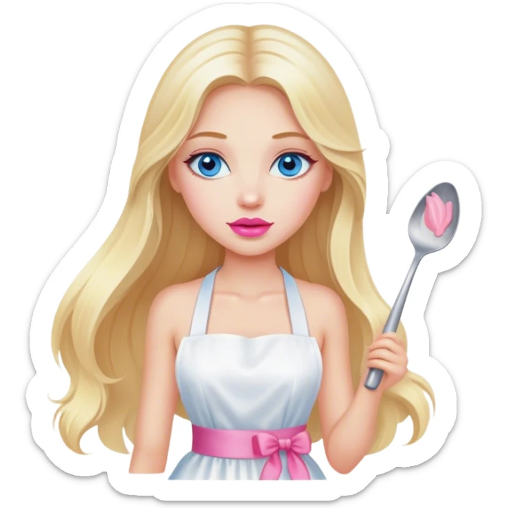 Cinematic realistic beautiful blonde with long hair, blue eyes and pink lips in a white dress cooks sticker