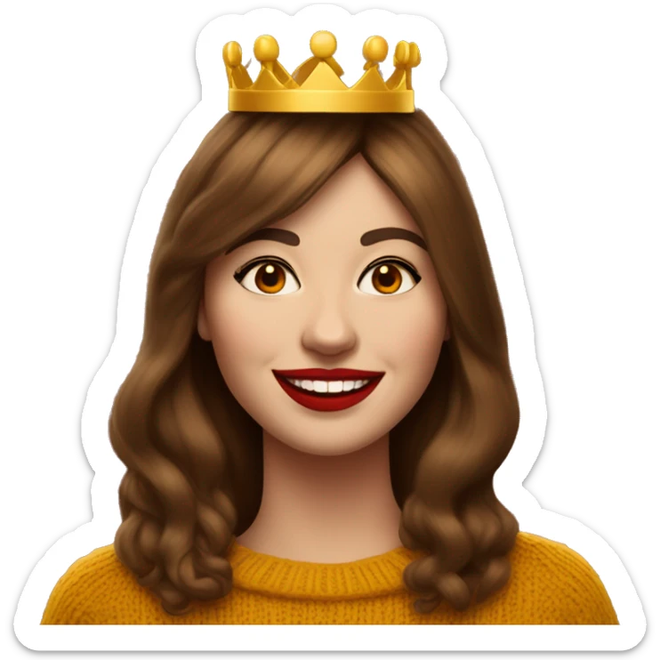 White English woman with very long brown hair and face framing layered bangs dressed in a mustard yellow sweater with birthday crown and negroni in hand. She is smiling smugly with red lipstick sticker