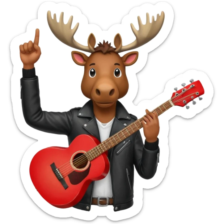 A man with a moose head in alaska pointing a red guitar directly up in the air. Make the graphics gritty and realistic like the moose man is a villian in a high budget batman movie. It needs to be 100 times more dark themed and realistic. Like your batman characters  sticker