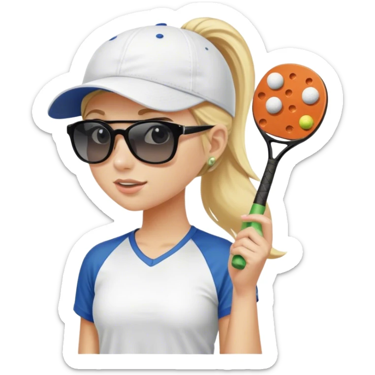 Girl with blond hair in a ponytail wearing a white baseball cap and sunglasses holding a  pickleball sticker