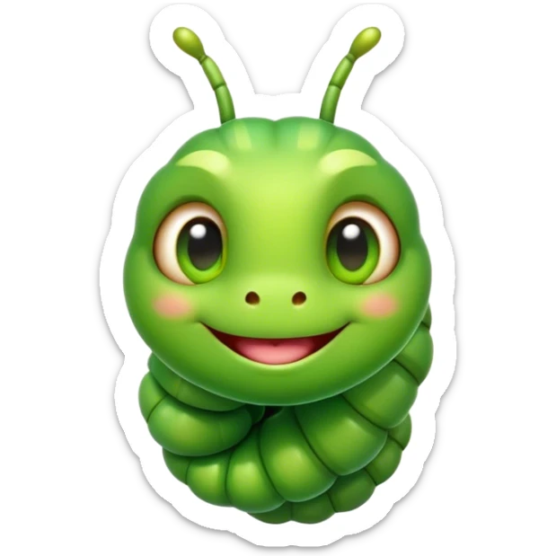Cinematic Realistic Cute Caterpillar Portrait Emoji, Head tilted playfully and inquisitively, featuring a compact, segmented body in bright, vibrant green with delicate, inviting textures and a charming, rounded face with sparkling eyes full of curiosity, rendered with lifelike detail and natural highlights, high shine, affectionate and spirited, styled with a touch of garden whimsy, soft glowing outline, capturing the essence of a mischievous yet lovable caterpillar that seems poised to crawl cheerfully into your arms! sticker