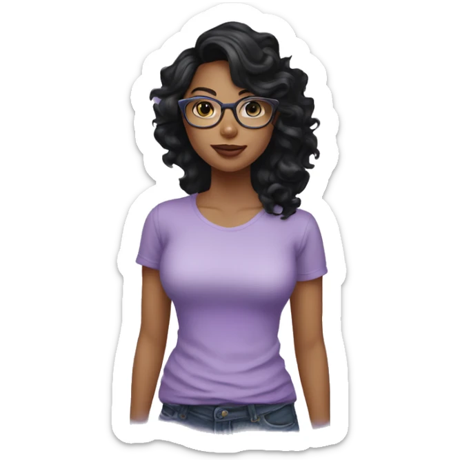  woman with long black wavy hair, fair skin, big lips, wearing lilac t shirt and glasses sticker