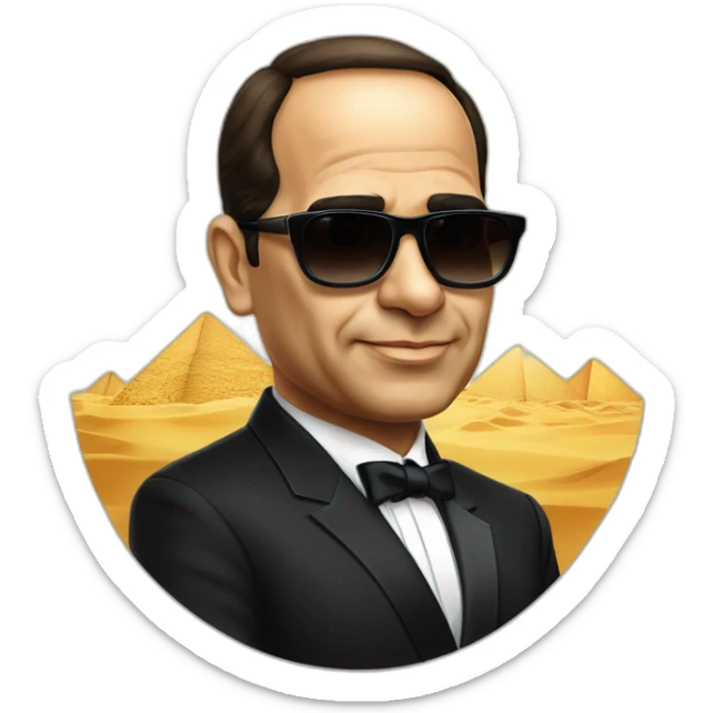 Satirical cartoon Egyptian President Al Sisi in a tuxedo wearing sun glasses with egyptian flag sticker