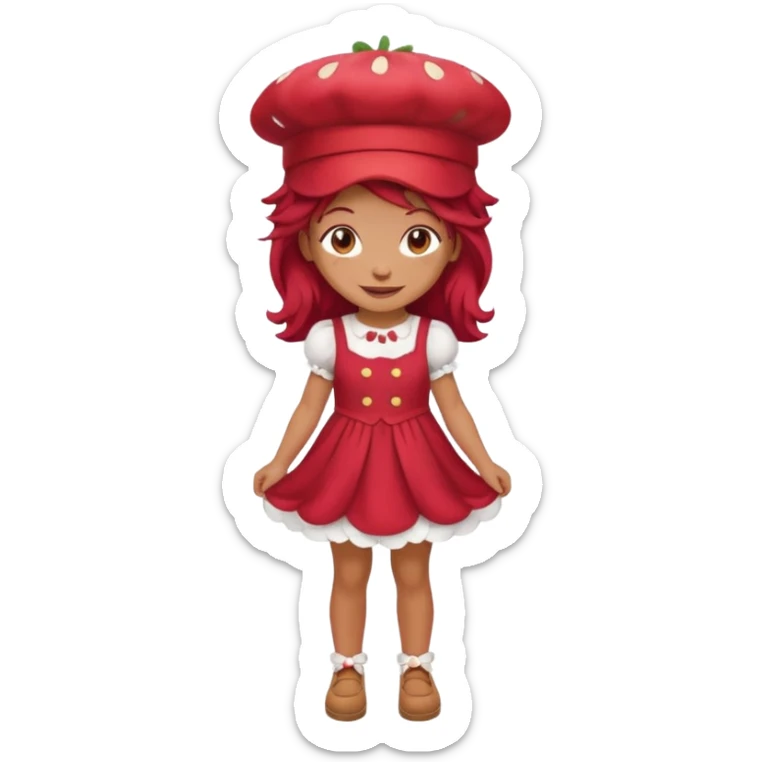 Strawberry shortcake human girl full body and legs with a strawberry hat on her red hair and dress without a cake sticker