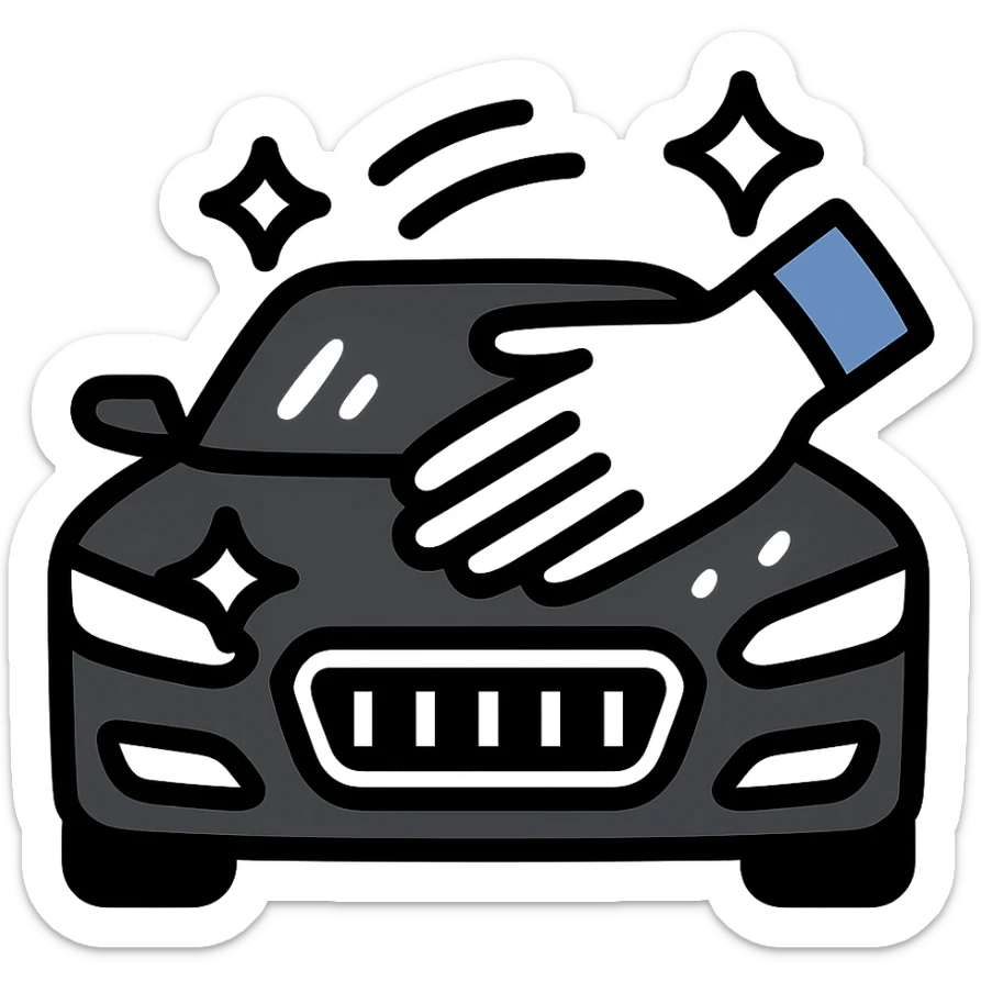 elegant hand with white or black glove on the hood of a high-end car, water drops or shine, main color black with silver or white details, smooth motion lines suggesting cleaning, modern and clean icon sticker