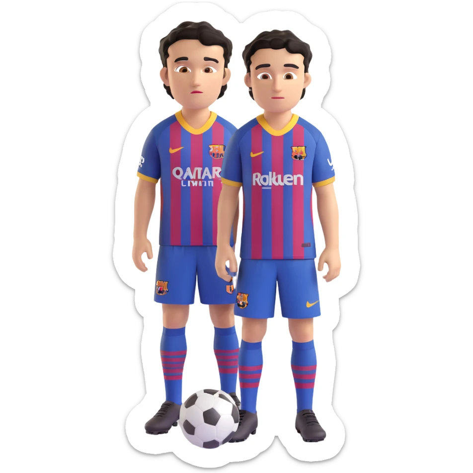 young male footballer with short curly black hair, brown eyes, confident look, in FC Barcelona kit, oversized eyes, smooth shading sticker