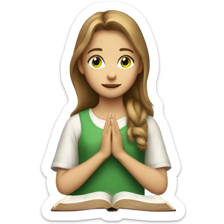A girl with light brown hair green eyes with a Bible praying to God sticker