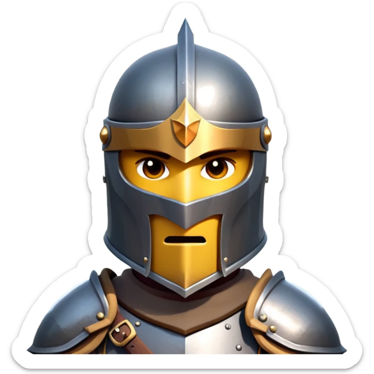 clash-of-clans-aesthetic_-cinematic-fearsome-and-majestic-knight-bust-portrait-emoji, rendered in a flat, vector-style with minimal shading and bold, simplified shapes, depicting a battle-ready medieval knight with steely eyes and intricate armor, mounted on a warhorse reflecting sunlight over a misty battlefield. sticker