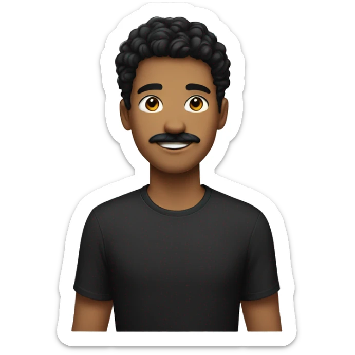 A young man with black hair has a mustache wearing a smiling , black T-shirt, face a bit broader sticker