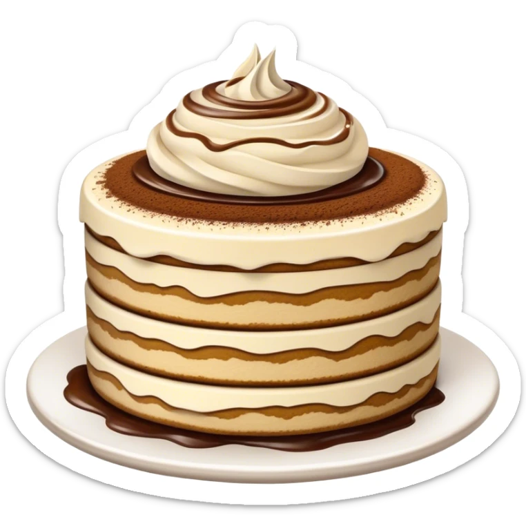 Tiramisu Cinematic Realistic Tiramisu Dessert Emoji, depicted as a delightfully messy, layered tiramisu with coffee-soaked sponge and mascarpone cream, rendered with rich textures and warm, indulgent lighting. sticker