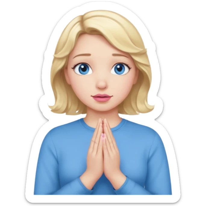 Girl Blonde short wavy hair,  blue eyes, cute blue top, long lashes, pink lips, praying hands sticker