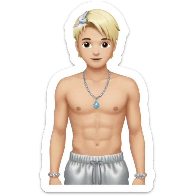 Aaron Carter with blonde hair, silver satin baggy pants, shirtless with necklace  sticker