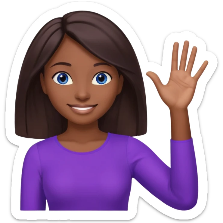 Dark brown hai woman with shoulder-length hair, blue eyes, wearing a purple top, smiling with one hand raised to the side, palm facing up. The gesture looks like she’s presenting something, offering help, or saying “Here you go!”

 sticker