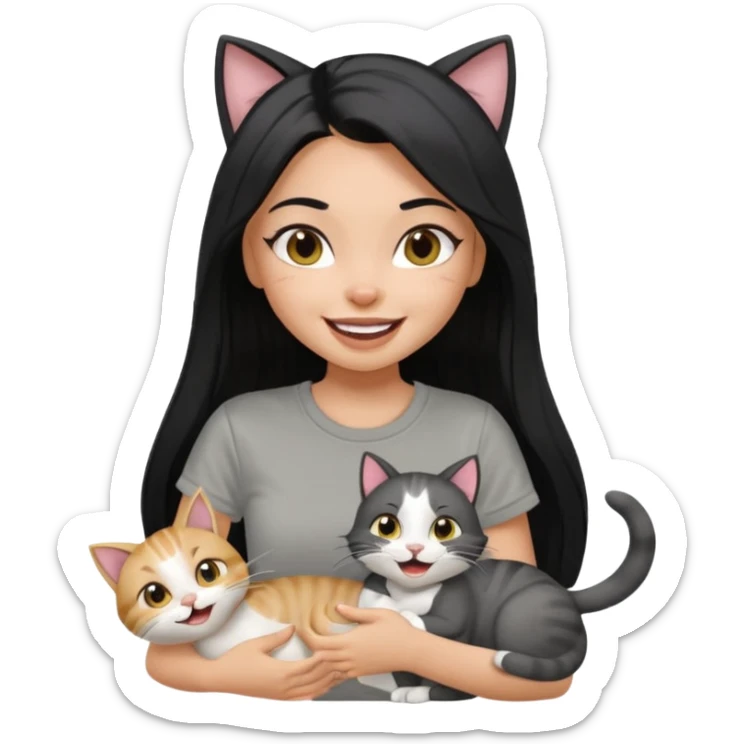 a pretty bratz dusky girl with long straight hair playing with 2 cats nd wearing a grey tshirt and laughing sticker