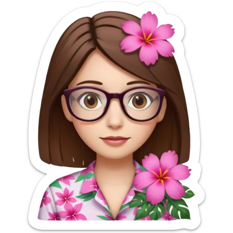 female with white skin. Shoulder length straight brown hair. Brown eyes with glasses. Hawaiian Flower in hair sticker