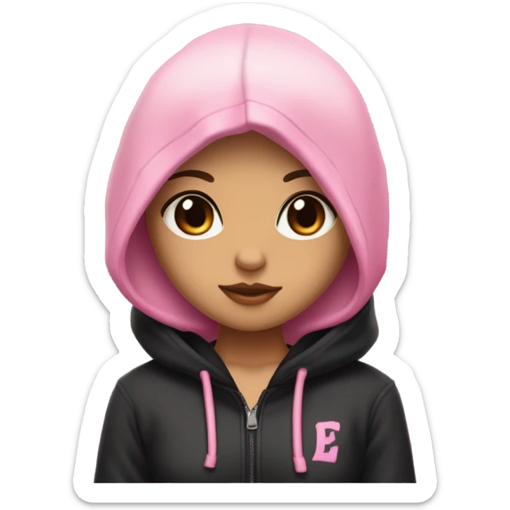 woman with tan skin, dark brown eyes, short neck length wolfcut, brown hair with pink only in the front, black hoodie with black hood on, emo, alt, e-girl sticker