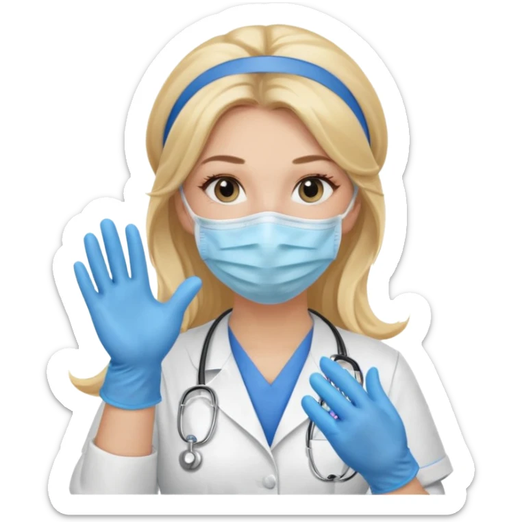 enfermera rubia con pelo largo, con mascarilla y guantes azules que aperezcan las dos manos, como las primeras imagenes que enviaste sticker