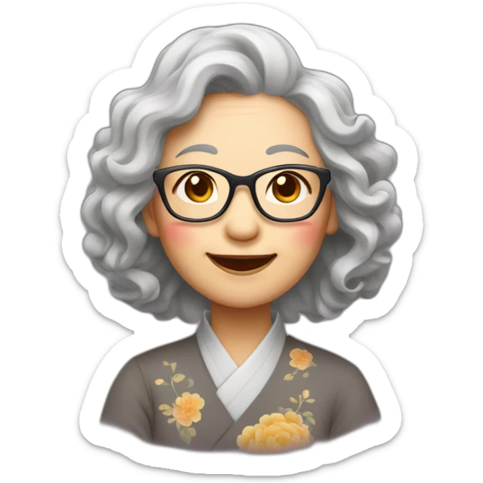 Chinese senior lady wear glasses has wavy long hair show love sign sticker