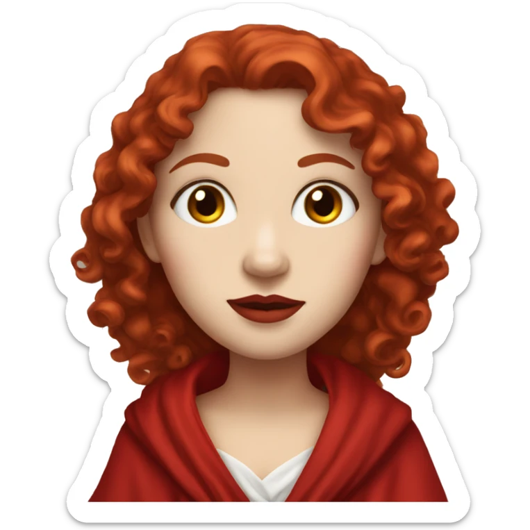 Create for me a girl with white skin, long red curly hair, red lipstick, wearing a red robe sticker