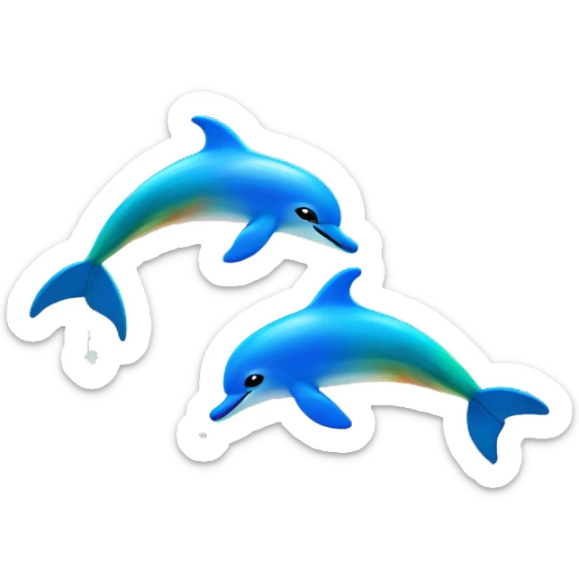 Two rainbow dolphins jumping out of the water with a sunset behind them sticker