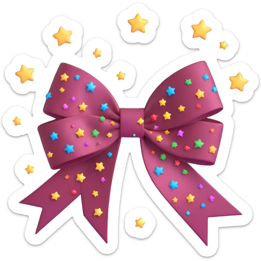 sparkly burgundy bow with stars, confetti burst background, no gold outline sticker
