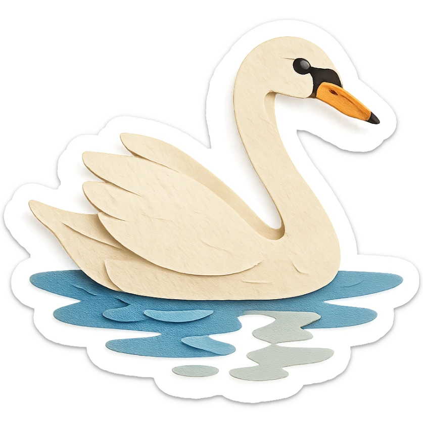tundra swan gliding on a pond, delicate paper layers, expressive eye, naturalistic pose, water reflections sticker