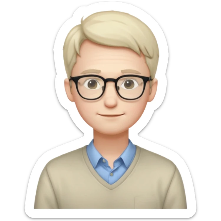 Timid adult male, pale skin, slim, soft features, glasses, slightly hunched posture, shy smile, casual nerdy clothes, small subtle blush, readable at small size, distinct from all other roles sticker