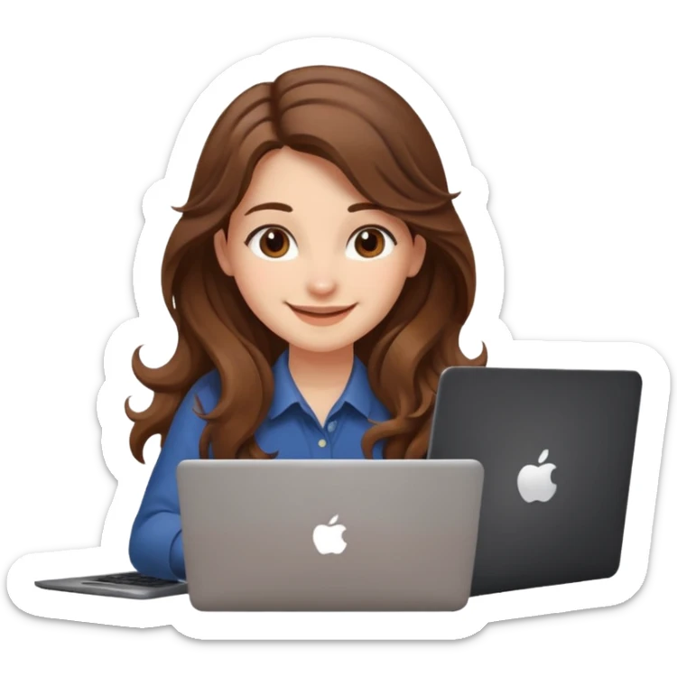 Sitting in front of a laptop in the style of a cute female developer. Not wearing glasses, smiling with long hair waves. Early 20s
 sticker