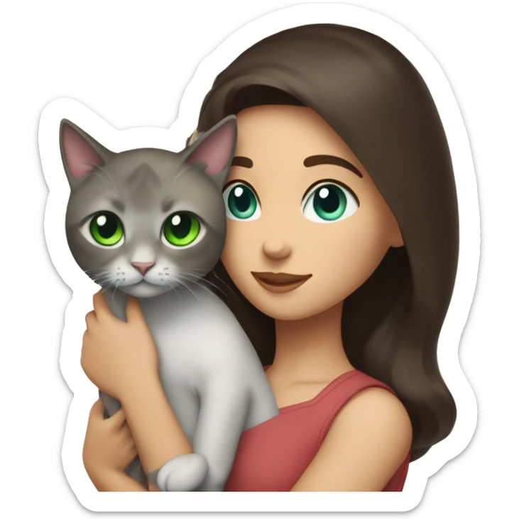 A brunette girl with green eyes holds a cat with blue eyes in her arms sticker