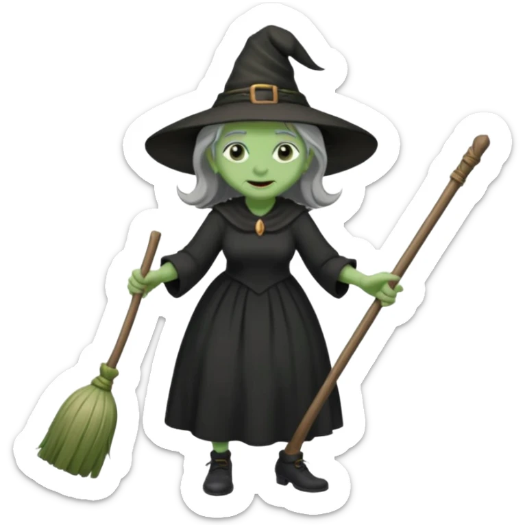 Old witch with green skin and a big nose waering a black dress and riding a broom sticker
