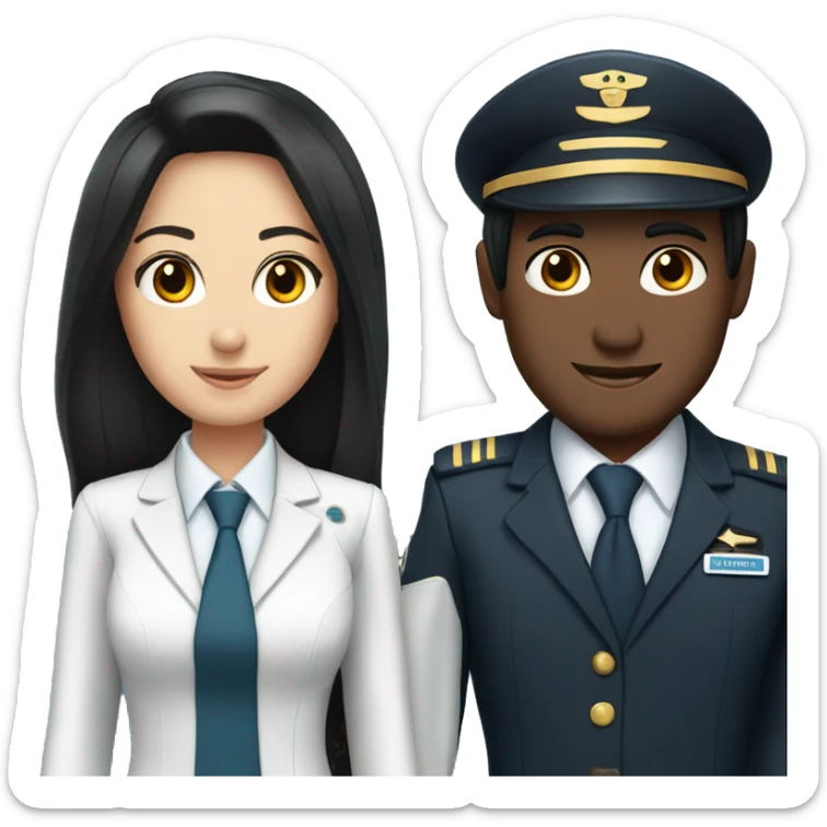 Flight attendant with long black hair and white skin with a pilot man with black hair sticker