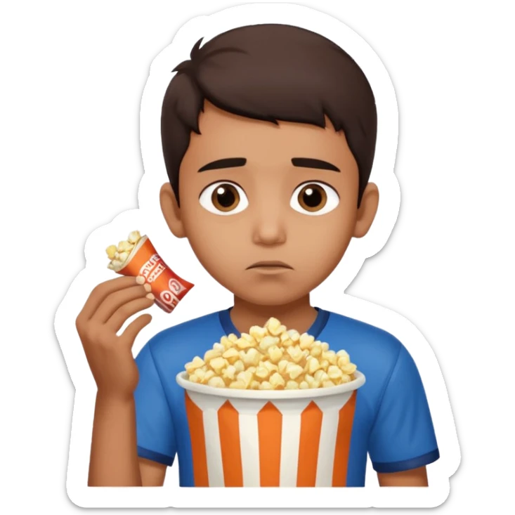an indian boy wearing indian cricket jersey and eating popcorn and looking sad sticker