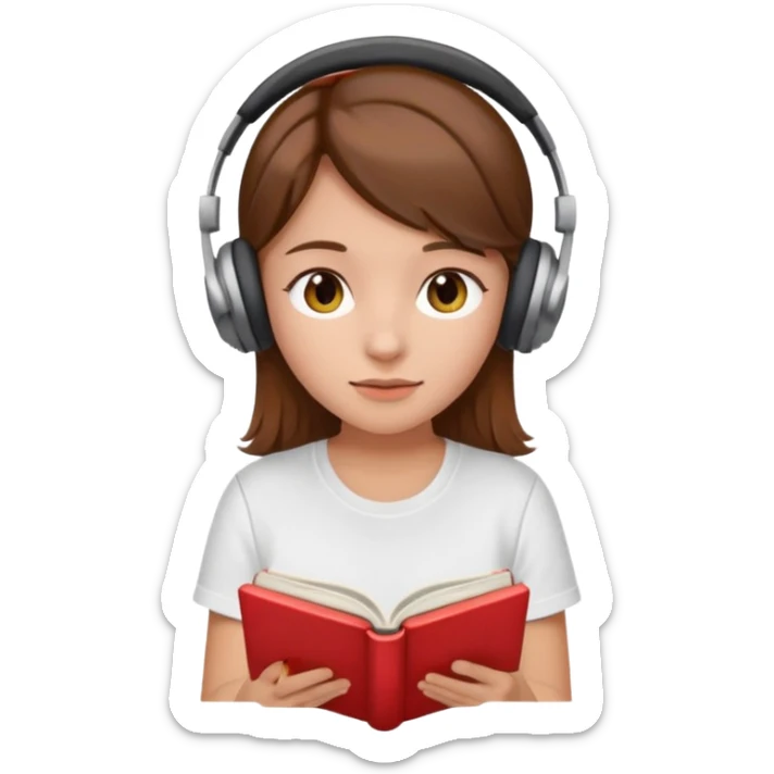 brown-haired girl wearing white t-shirt, headphones, reading a book, apple emoji style, no background, no text sticker