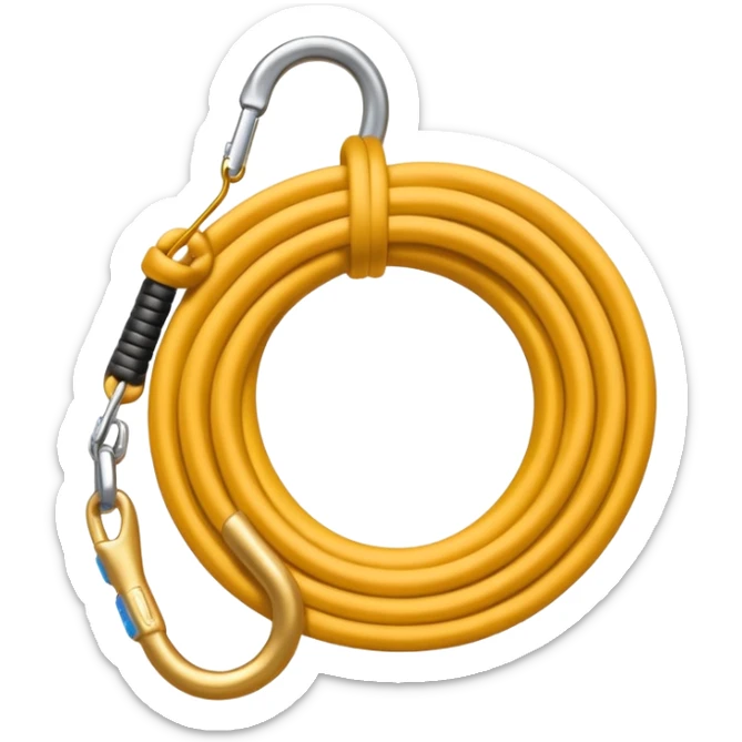 A 3D cartoon coiled climbing rope with a carabiner, golden color, resting on a rocky surface, realistic soft shadows, Memoji-style rendering. sticker