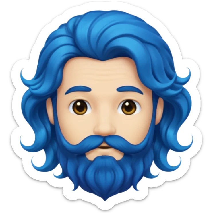 male with ultra-wavy, voluminous blue mermaid hair and a deep black beard, emoji style sticker