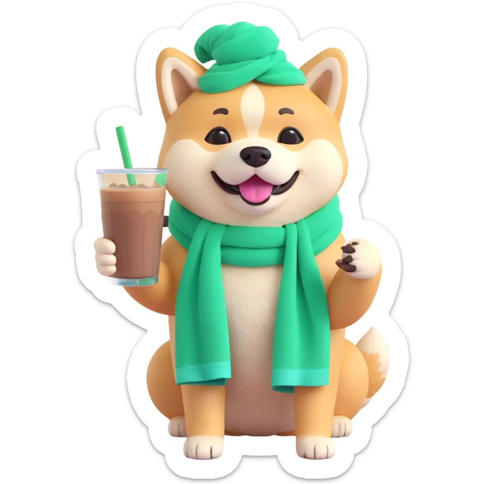 adorable and happy Akita Inu with a green towel tied on its head, enjoying a glass of iced coffee sticker