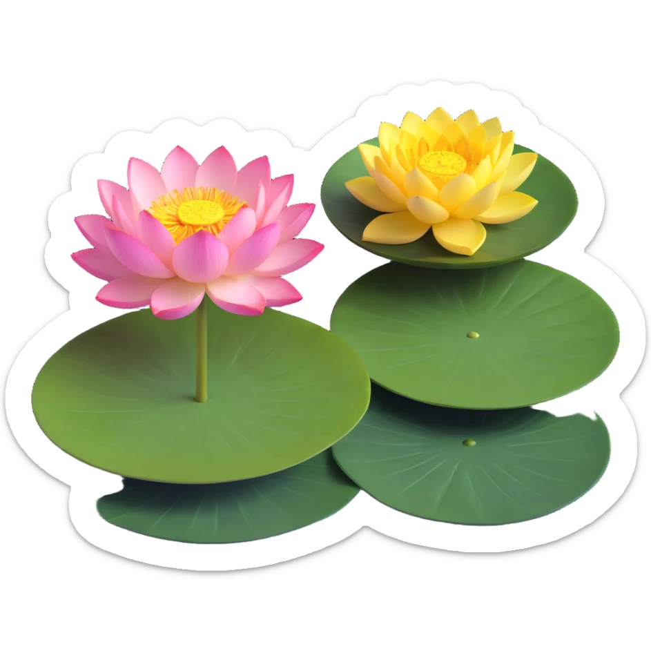 Elegant lotus flower with pink petals, yellow center and circular green lotus pad in water sticker