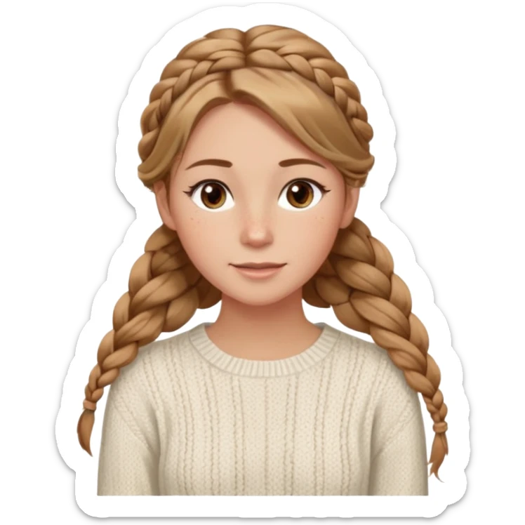 light brown hair blonde hair hazel eyes woman with a white cable knit sweater thatand one braid down her back  with tendrils of hair flowing down her face and she is happy pale, some freckles, blush. she has a cateye wing and long lashes she has eyeliner sticker