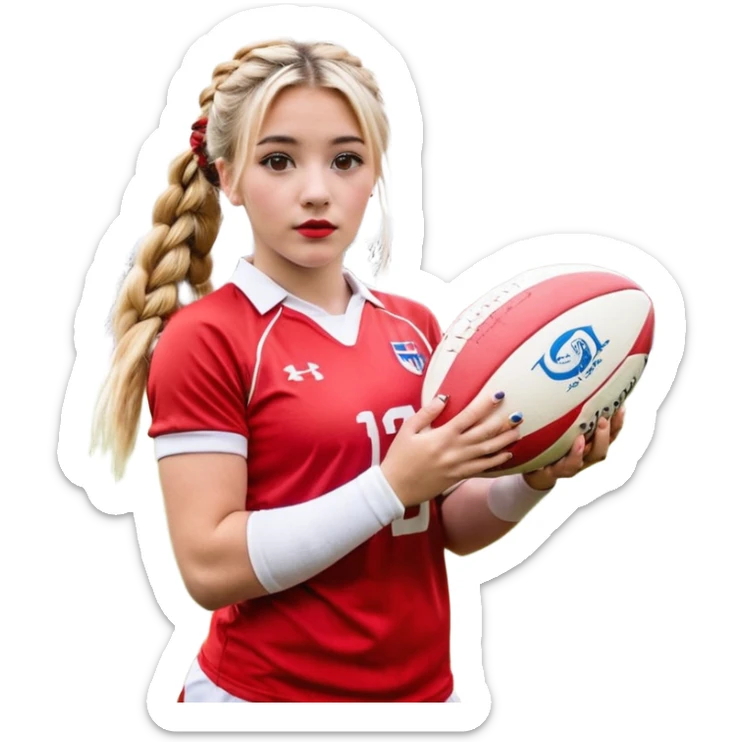Chica de pelo rubio tirada en el suelo boca abajo agarrando un balón DE RUGBY con las manos vestida con una equipación de color rojo y blanco con líneas y con unas botas de tacos de fútbol, con un bucal en la boca y el pelo con trenzas, se la tienen que ver las 2 piernas  sticker