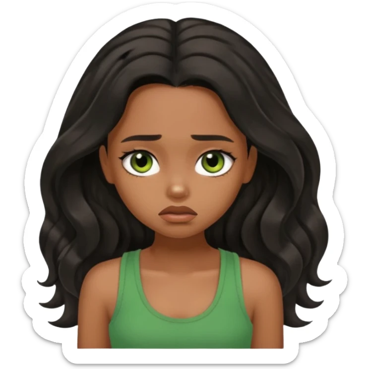 a pretty bratz brown girl with long wavy black color hair, brown eyes and green tank who is depressed and sad sticker