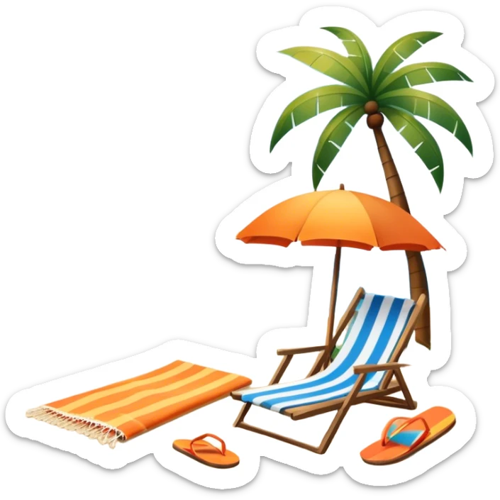 Icon for Beach Tourism: with the blue ocean, orange sunset sun and palm trees in the background, a sun umbrella, flip-flops, and a beach towel on the sand. The icon should represent relaxation and fun at the beach. Transparent background. sticker