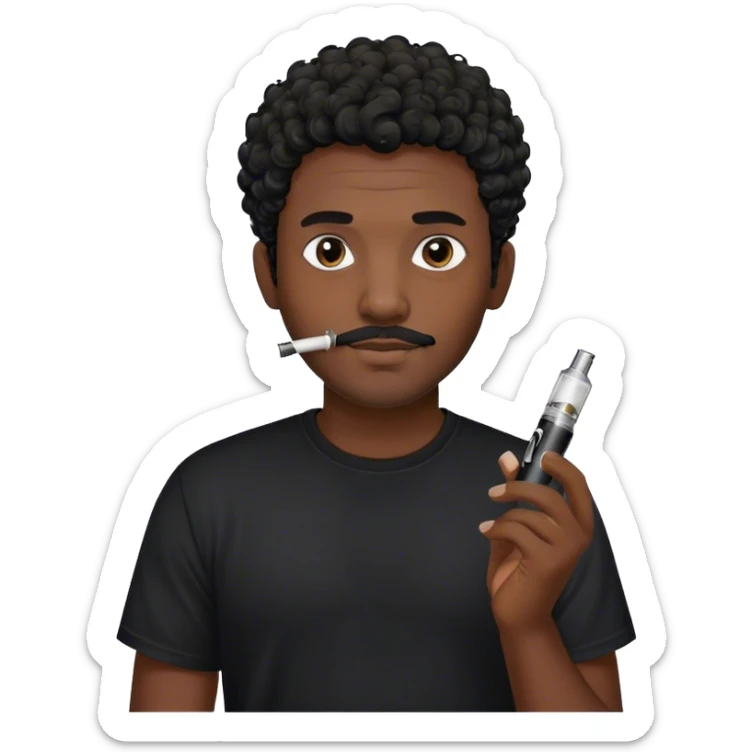dark black guy, short curly hair, facial hair, holding vape, black shirt  sticker