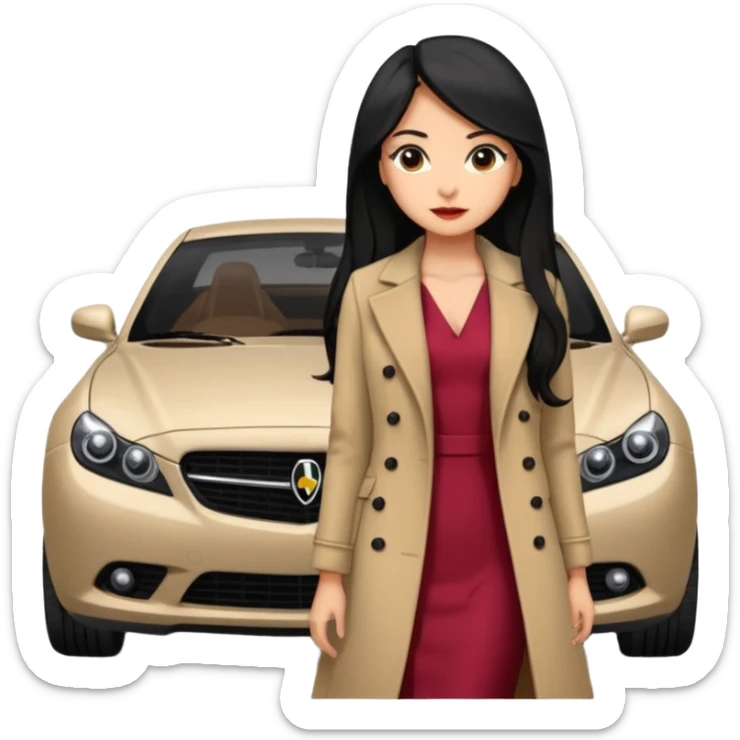 A fast, expensive black car with a young woman beside it The young woman has long black hair, wears a beige formal coat, and underneath is a cherry-colored dress. With expensive blak caaar sticker